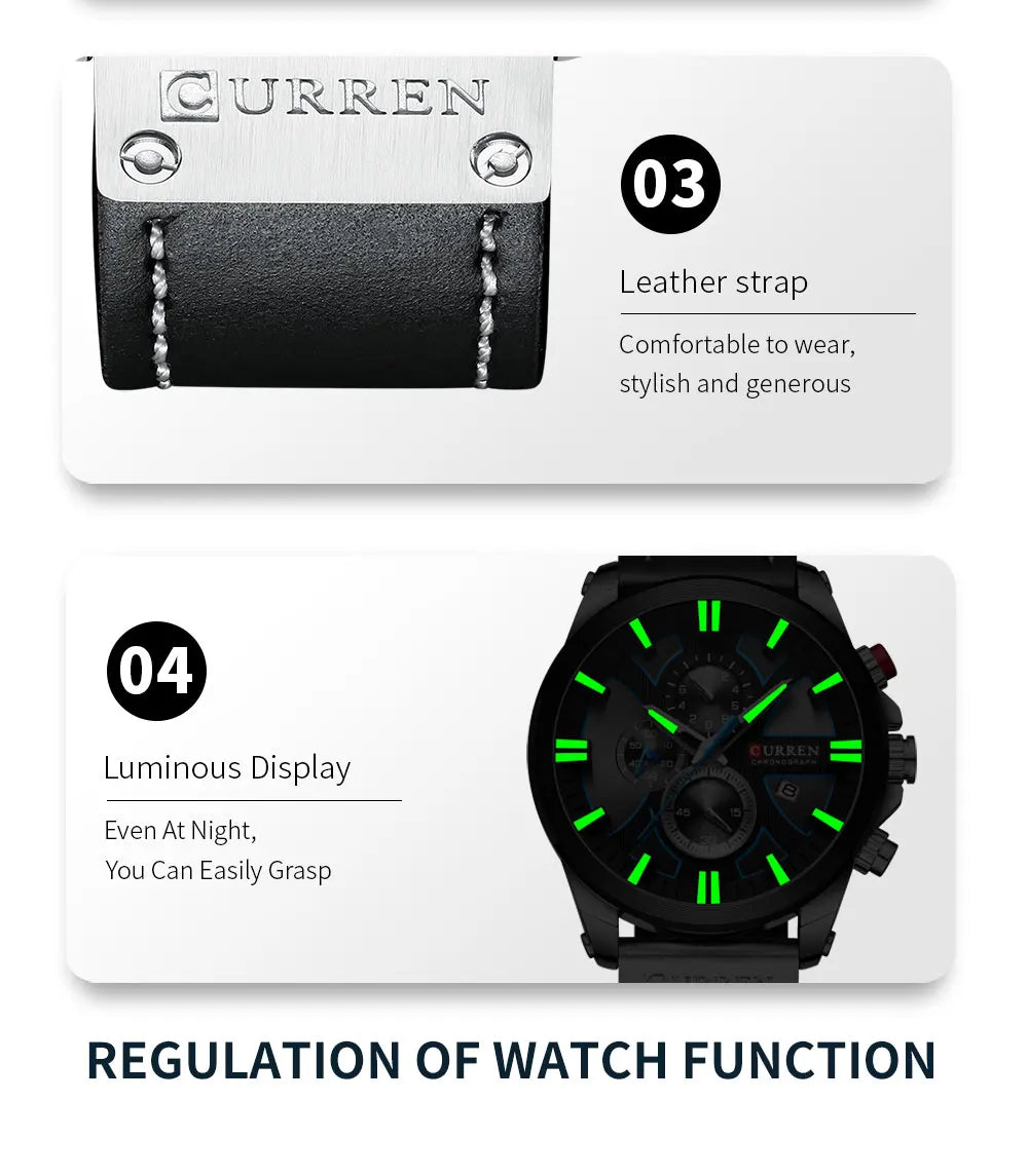 CURREN Watch Chronograph Sport Mens Watches Quartz Clock Leather Male Wristwatch Relogio Masculino Fashion Gift for Men