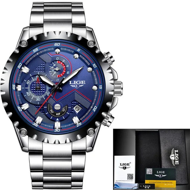 2024 LIGE Men Watch Fashion Quartz Watch Mens Top Brand Luxury All Steel Business Waterproof Sport Watch Relogio Masculino+BOX