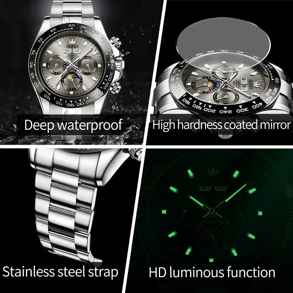 OLEVS 6654 Luxury Mens Watch Chronograph Automatic Mechanical Wristwatch Waterproof Luminous Top Brand Watch for Man Date Sport