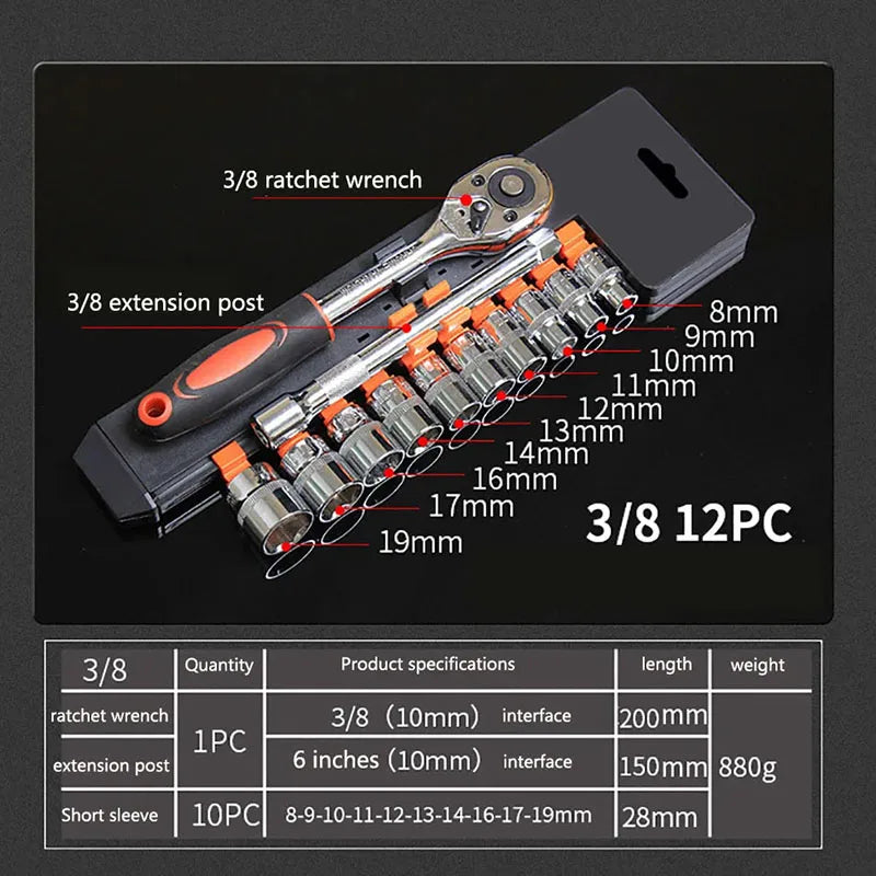 1/4'' 3/8'' 1/2'' Socket Wrench Set Extension Rod Multi-function Ratchet Spanner Set Car Motorcycle Repair Hand Tool Set