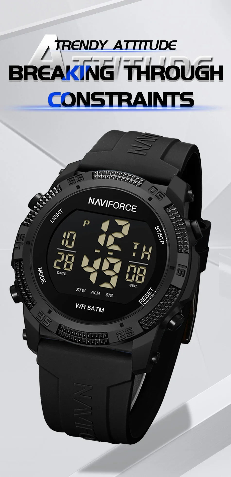 NAVIFORCE NF7104 Men's LCD Digital Casual Date and Week Alarm Waterproof Silicone Strap Electronic Watch