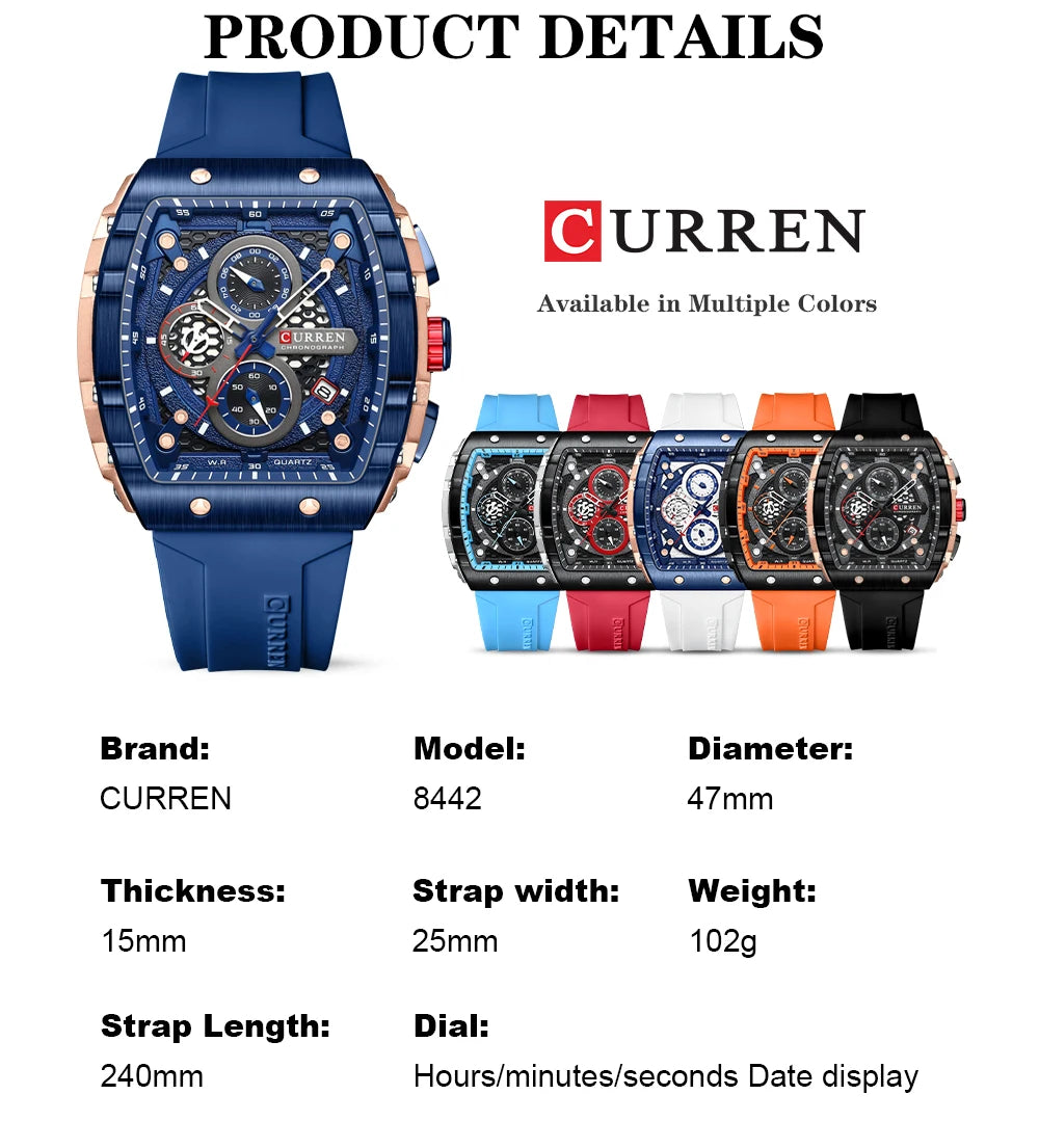 CURREN Top Brand Men's Watches Luxury Square Quartz Wristwatch Waterproof Luminous Chronograph Watch for Men Date Clock