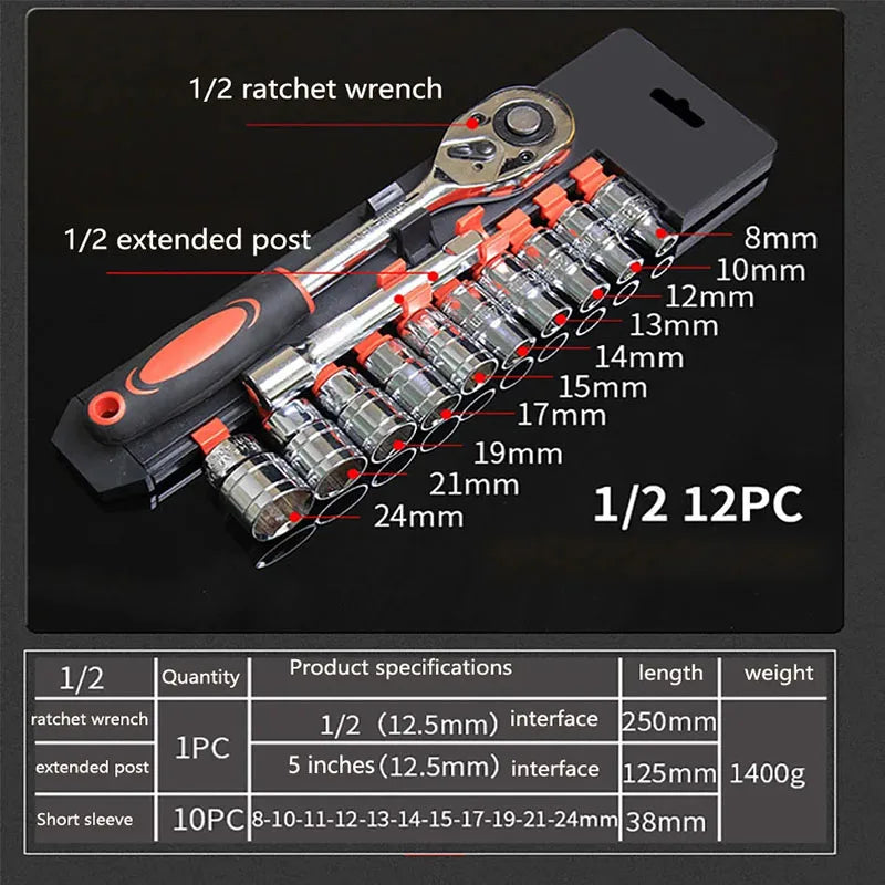 1/4'' 3/8'' 1/2'' Socket Wrench Set Extension Rod Multi-function Ratchet Spanner Set Car Motorcycle Repair Hand Tool Set