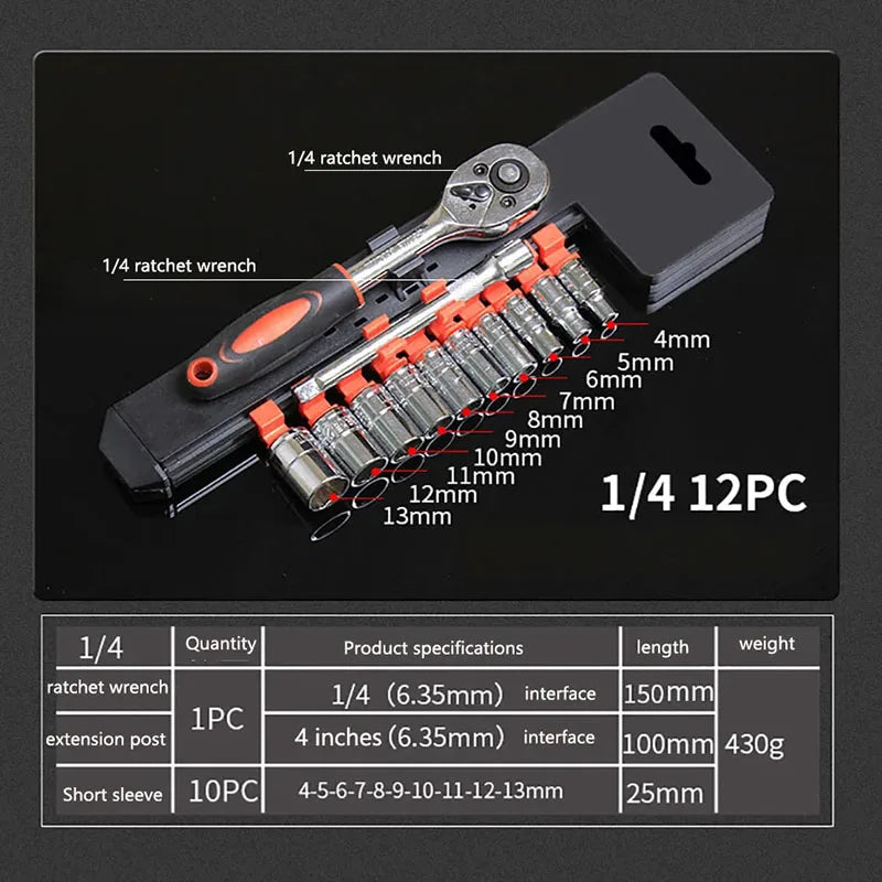 1/4'' 3/8'' 1/2'' Socket Wrench Set Extension Rod Multi-function Ratchet Spanner Set Car Motorcycle Repair Hand Tool Set