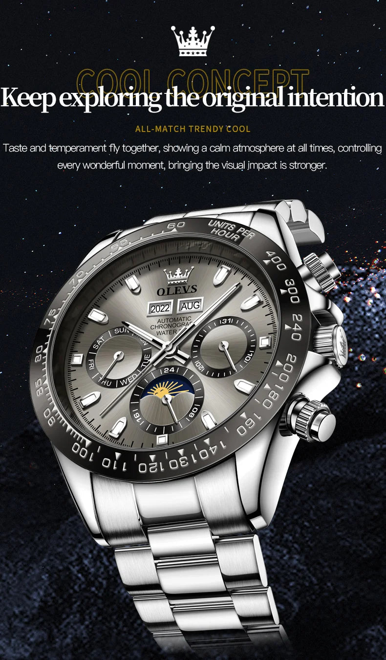 OLEVS 6654 Luxury Mens Watch Chronograph Automatic Mechanical Wristwatch Waterproof Luminous Top Brand Watch for Man Date Sport