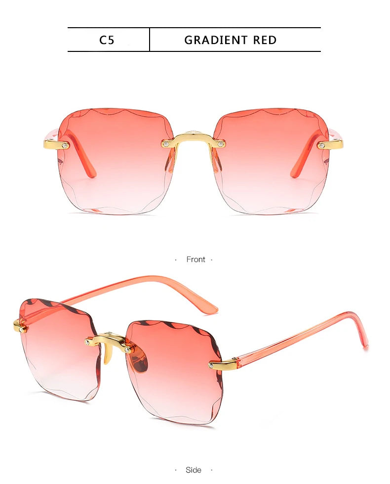 Square Rimless Sunglasses Women Luxury Brand Designer Summer Red Glasses Fashion Sun glasses For Men UV400 Shades Oculos