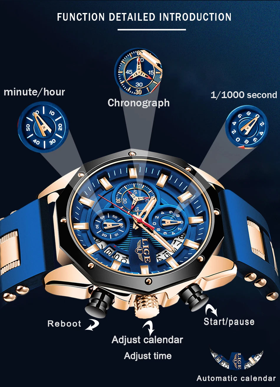 2024 LIGE New Fashion Mens Watches Top Brand Luxury Silicone Sport Watch Men Quartz Date Clock Waterproof Wristwatch Chronograph