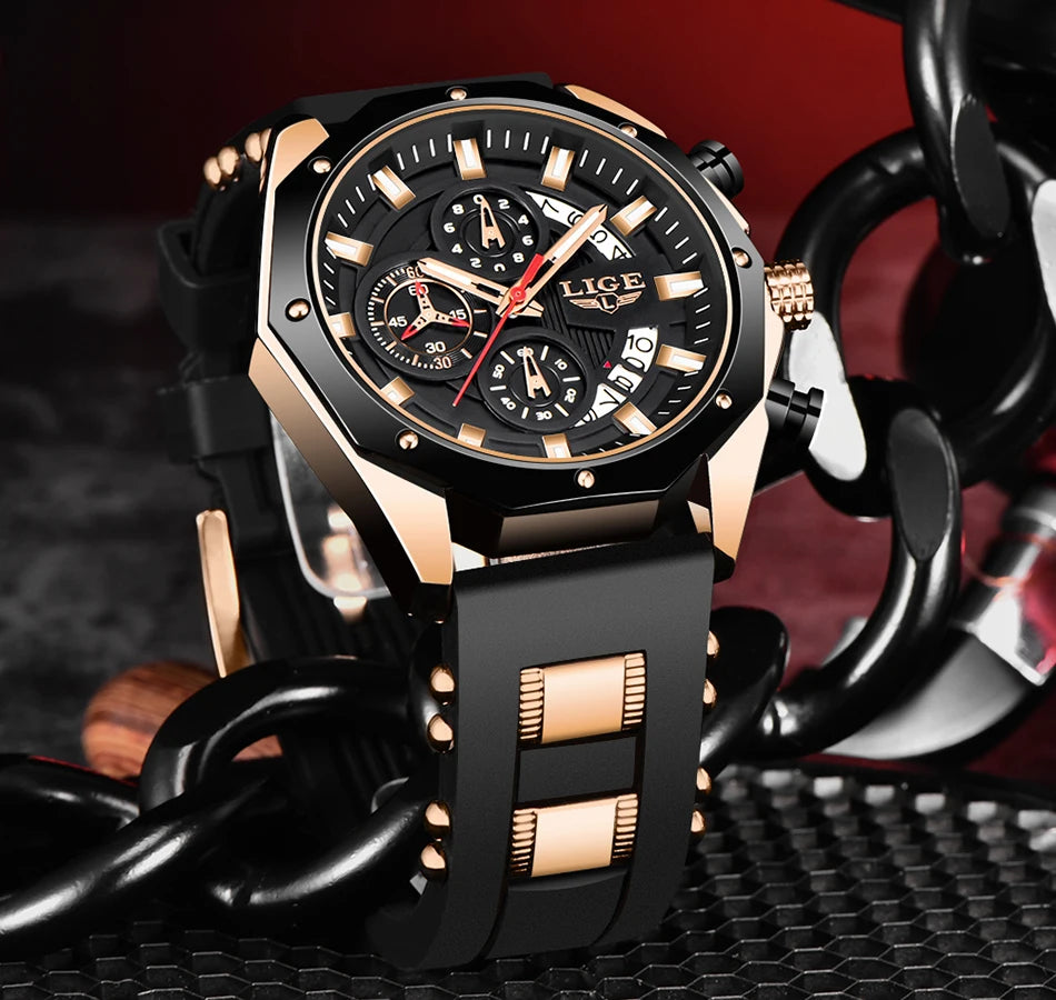 2024 LIGE New Fashion Mens Watches Top Brand Luxury Silicone Sport Watch Men Quartz Date Clock Waterproof Wristwatch Chronograph