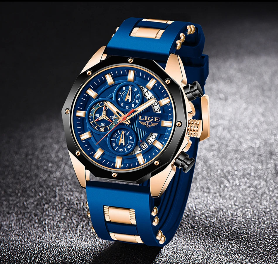 2024 LIGE New Fashion Mens Watches Top Brand Luxury Silicone Sport Watch Men Quartz Date Clock Waterproof Wristwatch Chronograph