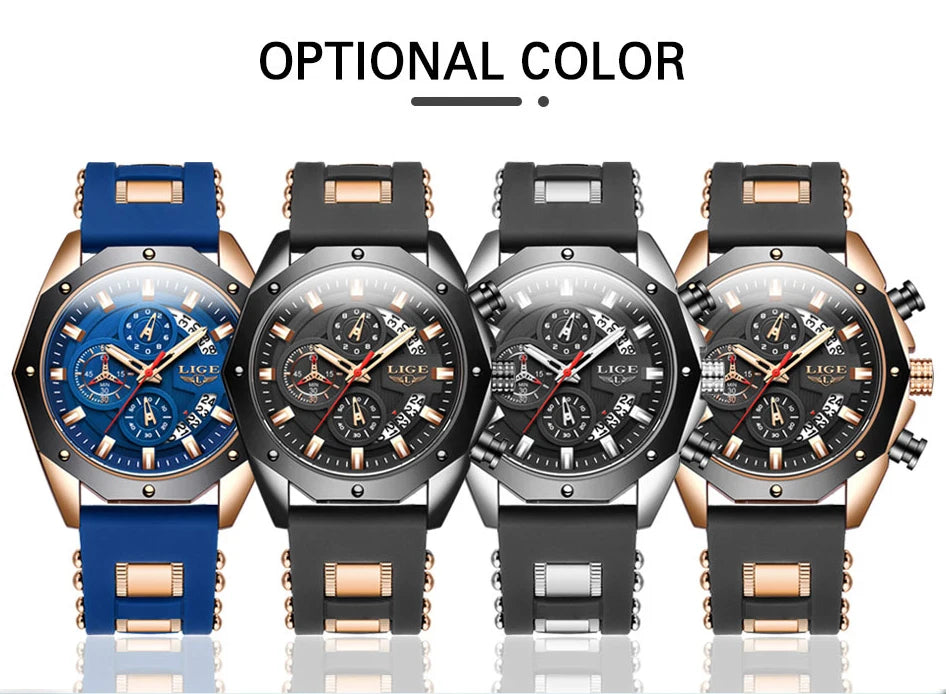 2024 LIGE New Fashion Mens Watches Top Brand Luxury Silicone Sport Watch Men Quartz Date Clock Waterproof Wristwatch Chronograph