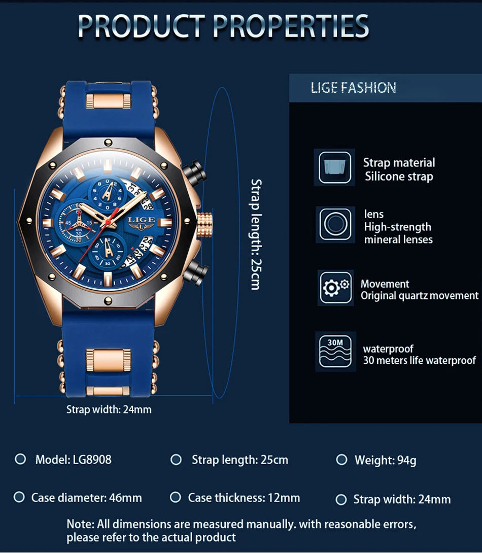 2024 LIGE New Fashion Mens Watches Top Brand Luxury Silicone Sport Watch Men Quartz Date Clock Waterproof Wristwatch Chronograph