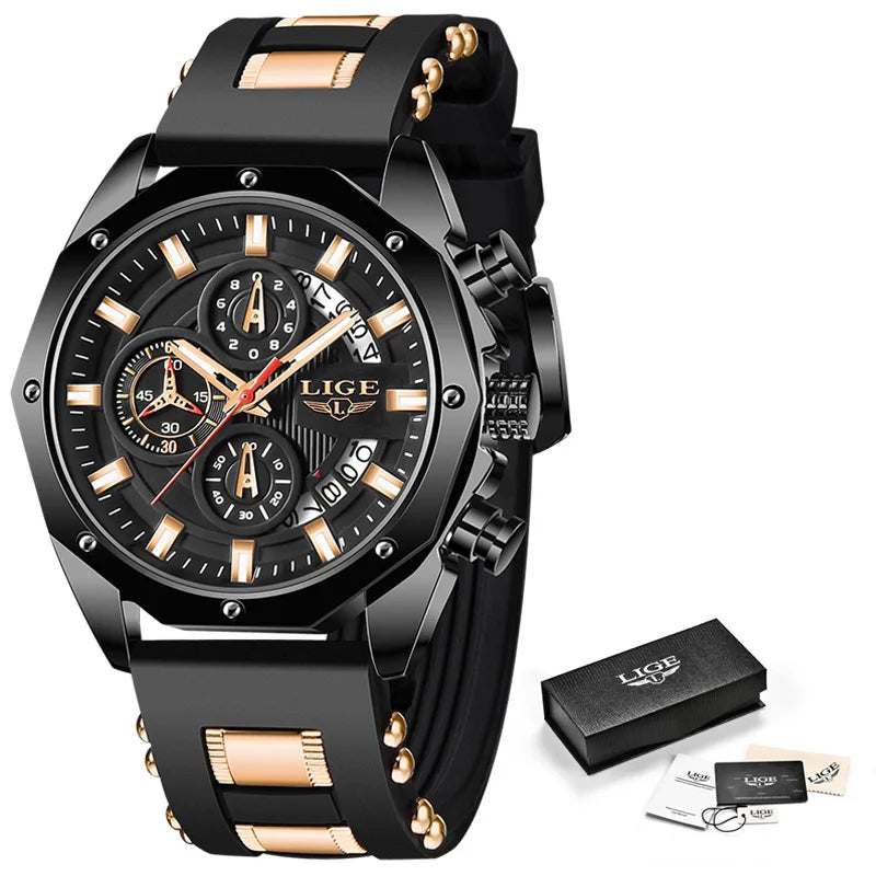 2024 LIGE New Fashion Mens Watches Top Brand Luxury Silicone Sport Watch Men Quartz Date Clock Waterproof Wristwatch Chronograph