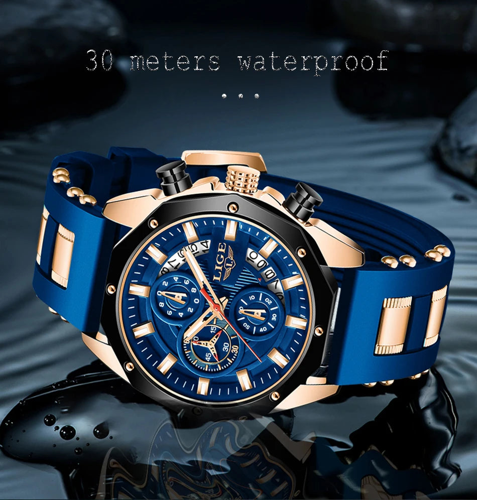 2024 LIGE New Fashion Mens Watches Top Brand Luxury Silicone Sport Watch Men Quartz Date Clock Waterproof Wristwatch Chronograph