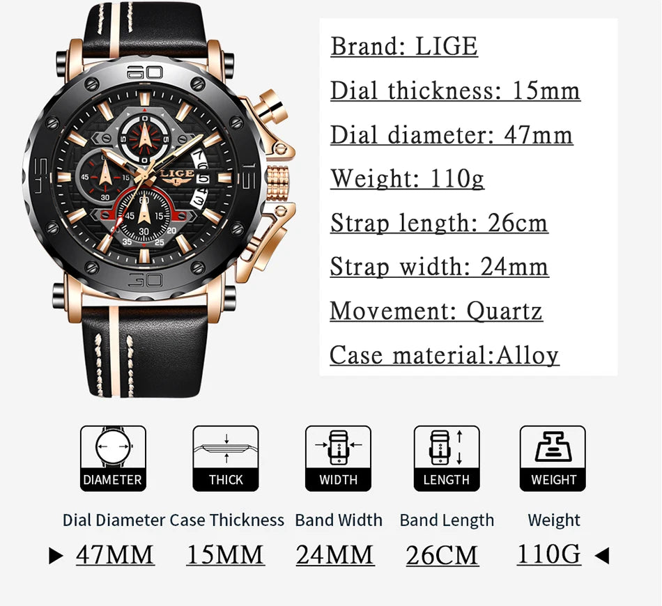 LIGE 2024 New Business Silicone Mens Watches Top Brand Luxury Quartz Watch For Men Waterproof Sport Big Dial Military Wristwatch
