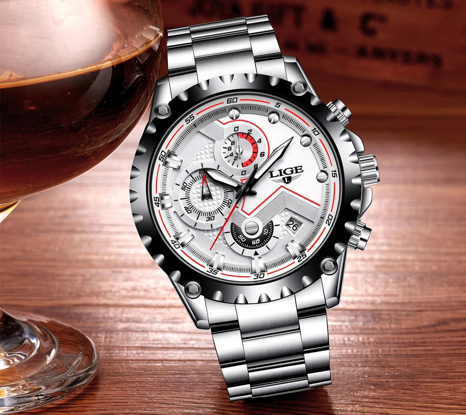 2024 LIGE Men Watch Fashion Quartz Watch Mens Top Brand Luxury All Steel Business Waterproof Sport Watch Relogio Masculino+BOX