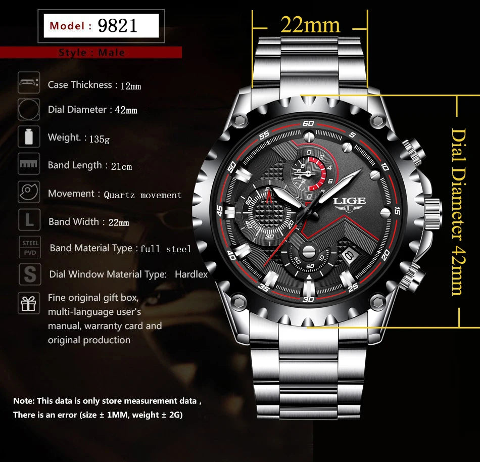 2024 LIGE Men Watch Fashion Quartz Watch Mens Top Brand Luxury All Steel Business Waterproof Sport Watch Relogio Masculino+BOX