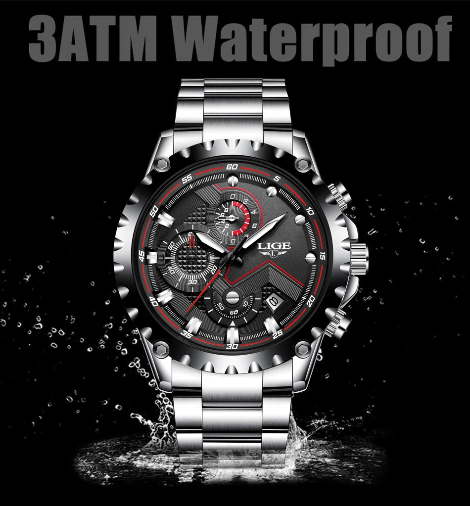 2024 LIGE Men Watch Fashion Quartz Watch Mens Top Brand Luxury All Steel Business Waterproof Sport Watch Relogio Masculino+BOX