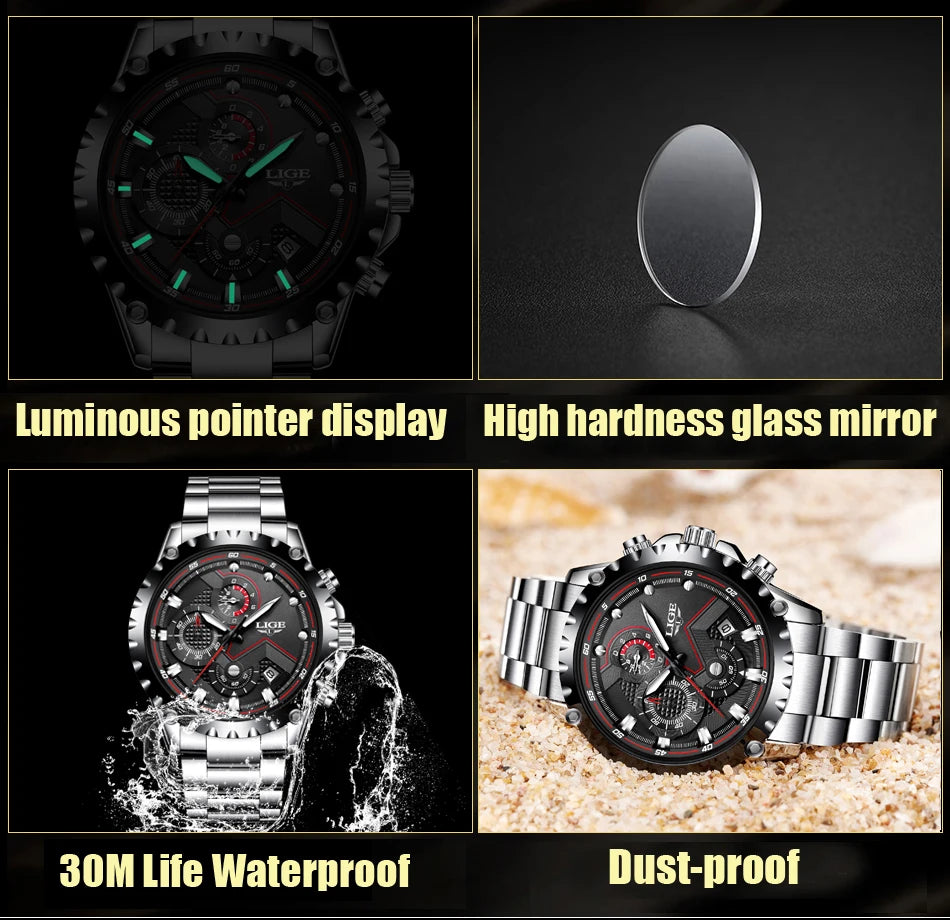 2024 LIGE Men Watch Fashion Quartz Watch Mens Top Brand Luxury All Steel Business Waterproof Sport Watch Relogio Masculino+BOX