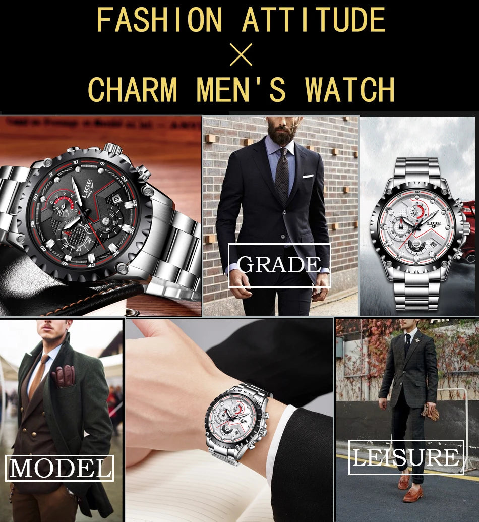 2024 LIGE Men Watch Fashion Quartz Watch Mens Top Brand Luxury All Steel Business Waterproof Sport Watch Relogio Masculino+BOX