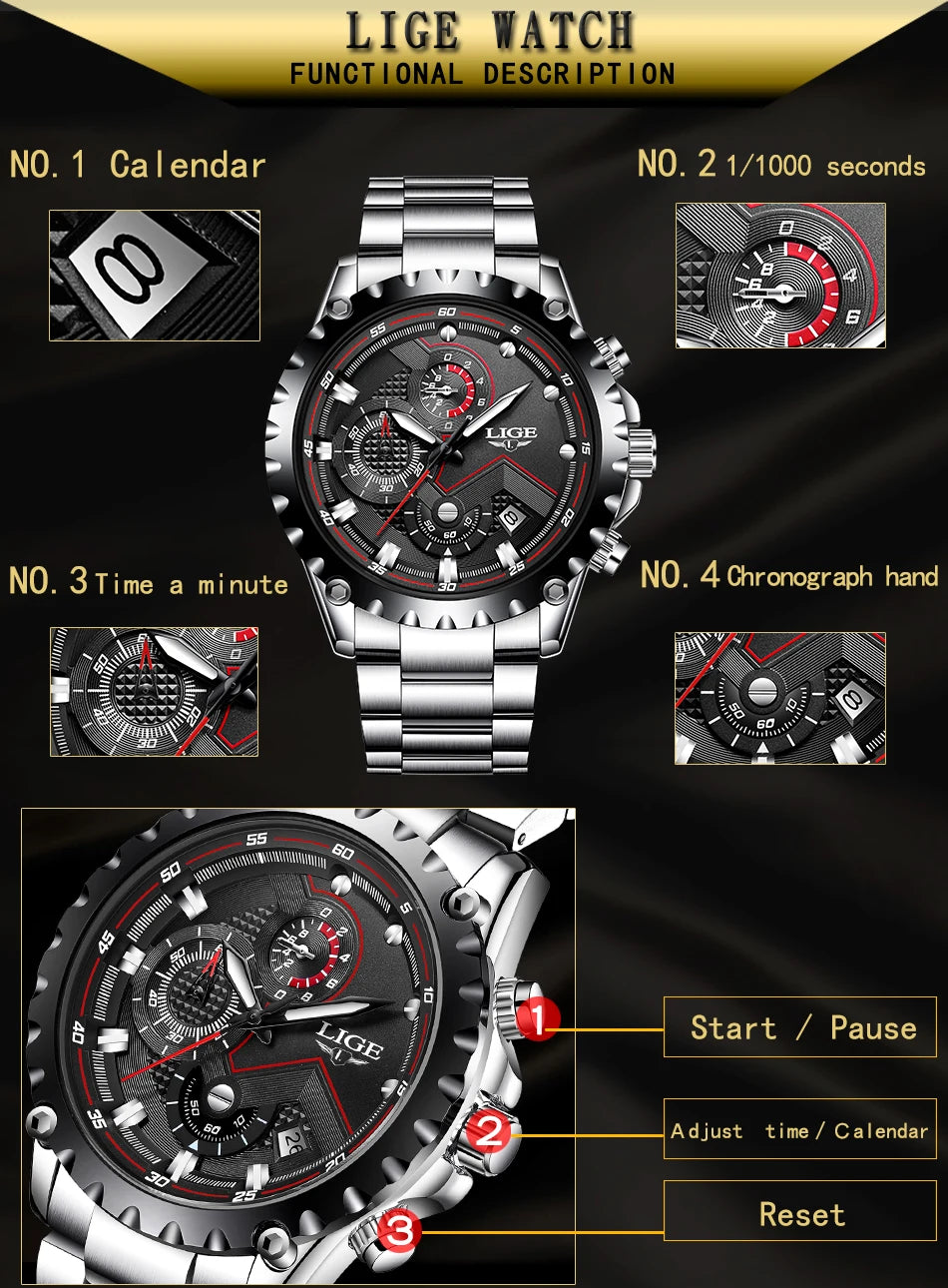 2024 LIGE Men Watch Fashion Quartz Watch Mens Top Brand Luxury All Steel Business Waterproof Sport Watch Relogio Masculino+BOX
