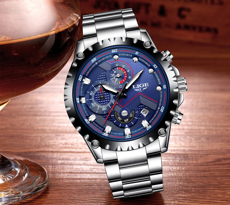 2024 LIGE Men Watch Fashion Quartz Watch Mens Top Brand Luxury All Steel Business Waterproof Sport Watch Relogio Masculino+BOX