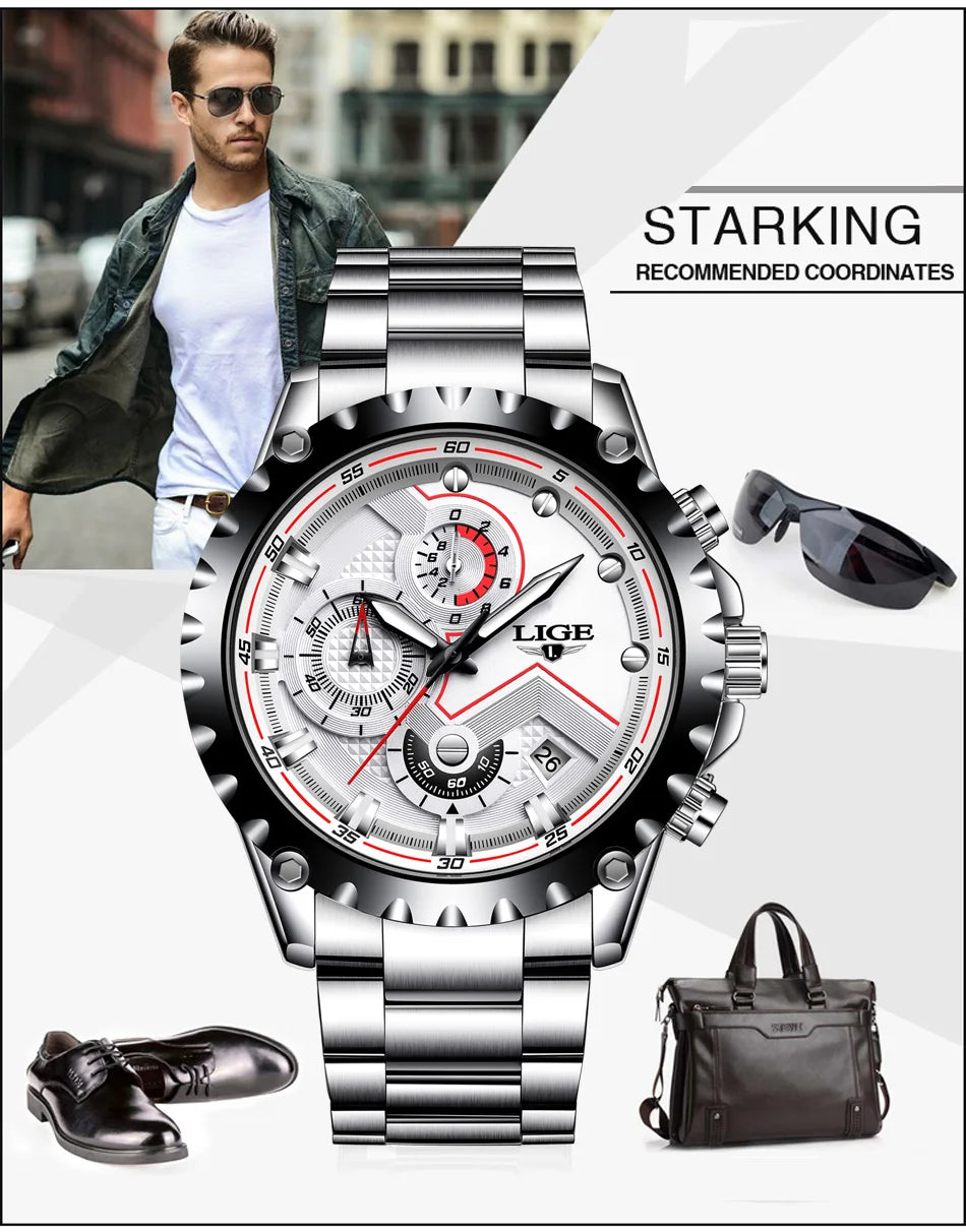 2024 LIGE Men Watch Fashion Quartz Watch Mens Top Brand Luxury All Steel Business Waterproof Sport Watch Relogio Masculino+BOX