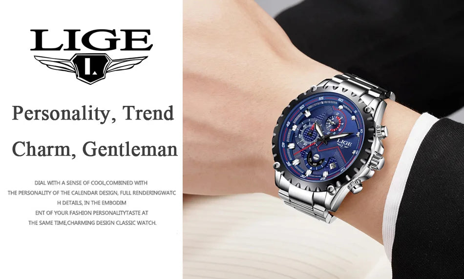 2024 LIGE Men Watch Fashion Quartz Watch Mens Top Brand Luxury All Steel Business Waterproof Sport Watch Relogio Masculino+BOX