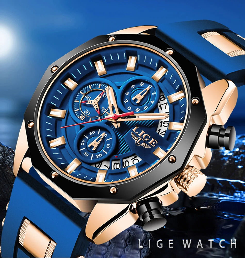 2024 LIGE New Fashion Mens Watches Top Brand Luxury Silicone Sport Watch Men Quartz Date Clock Waterproof Wristwatch Chronograph