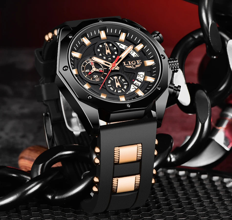 2024 LIGE New Fashion Mens Watches Top Brand Luxury Silicone Sport Watch Men Quartz Date Clock Waterproof Wristwatch Chronograph