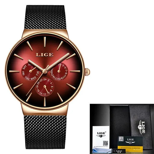 New LIGE Fashion Mens Watches Top Brand Luxury Quartz Watch Men Mesh Steel Waterproof Ultra-thin Wristwatch For Men Sport Clock