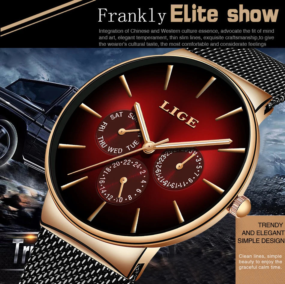 New LIGE Fashion Mens Watches Top Brand Luxury Quartz Watch Men Mesh Steel Waterproof Ultra-thin Wristwatch For Men Sport Clock