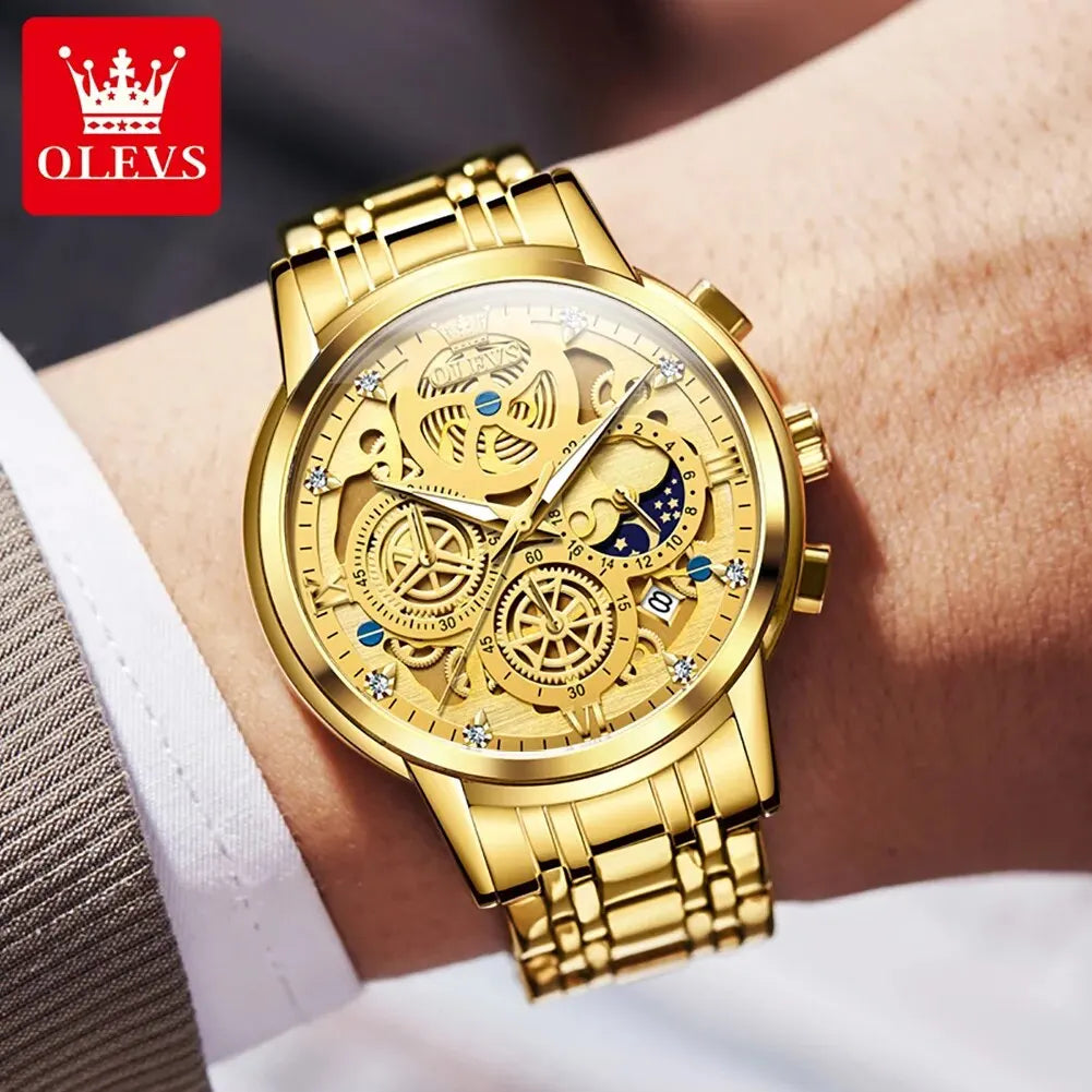 OLEVS 9947 Men's Watches Top Brand Luxury Original Waterproof Quartz Watch for Man Skeleton Style 24 Hour Day Night Wristwatch