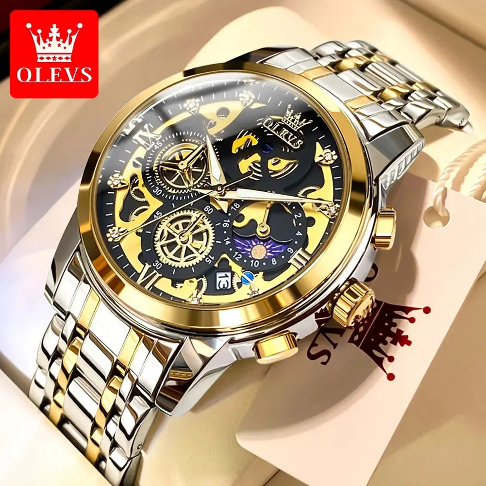 OLEVS 9947 Men's Watches Top Brand Luxury Original Waterproof Quartz Watch for Man Skeleton Style 24 Hour Day Night Wristwatch