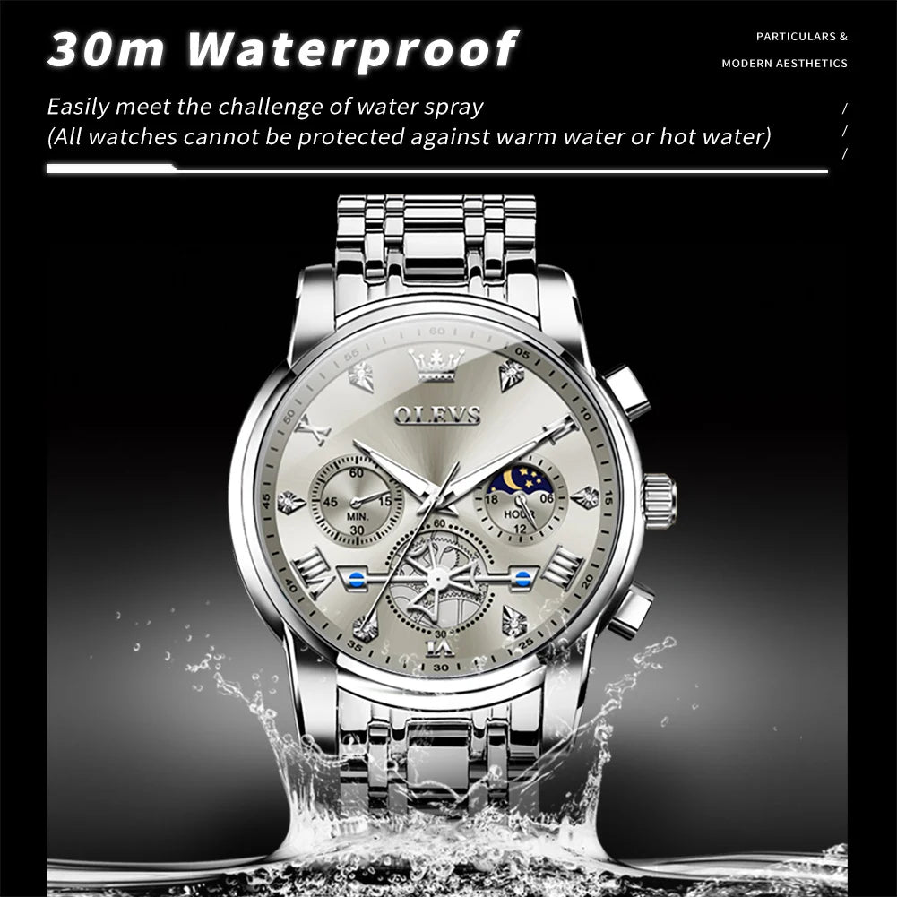 OLEVS 2856 Men's Watches Classic Multifunctional Fltwheel Chronograph Original Quartz Wristwatch Moon Phase 24 Hour Waterproof