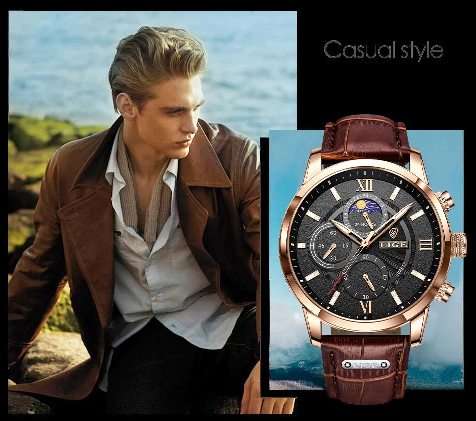 LIGE 2024 New Mens Watches Top Brand Luxury Brown Leather Casual Quartz Watch Men Sport Waterproof Clock Watch Relogio Masculino