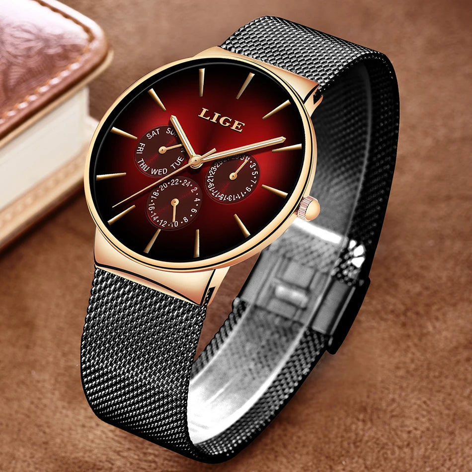 New LIGE Fashion Mens Watches Top Brand Luxury Quartz Watch Men Mesh Steel Waterproof Ultra-thin Wristwatch For Men Sport Clock
