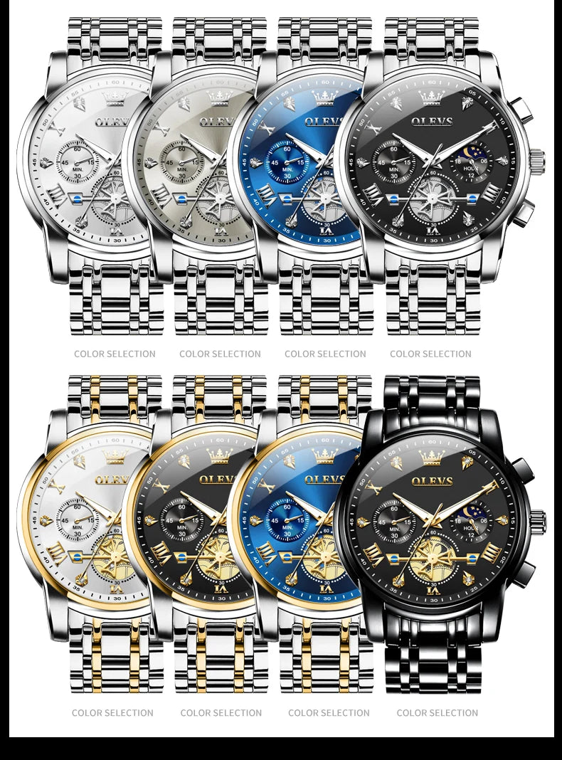 OLEVS 2856 Man Watch 24 Hour Moon Phase Chronograph Waterproof Luminous Multifuncation Original Luxury Quartz Wristwatch for Men
