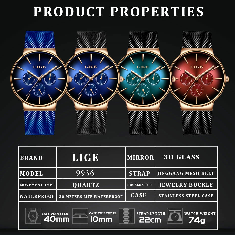 New LIGE Fashion Mens Watches Top Brand Luxury Quartz Watch Men Mesh Steel Waterproof Ultra-thin Wristwatch For Men Sport Clock