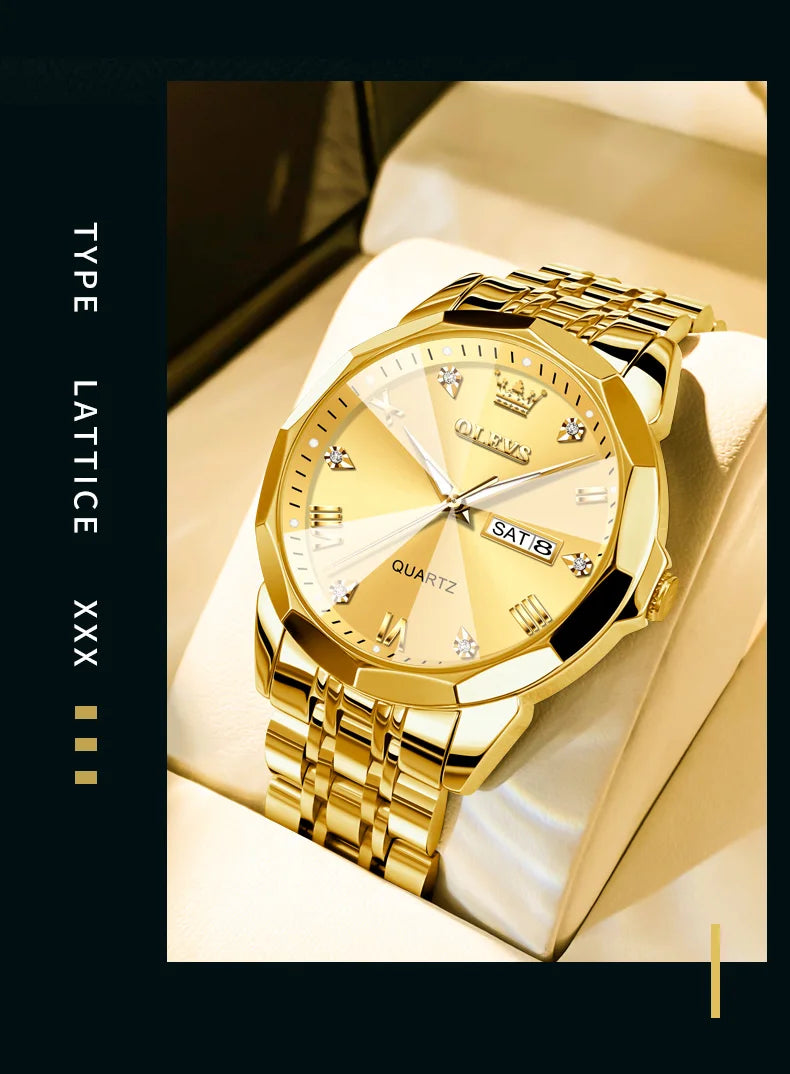 OLEVS Men's Watches Rhombus Mirror Original Quartz Watch for Man Waterproof Luminous Stainless Steel Wristwatch Male Date Week