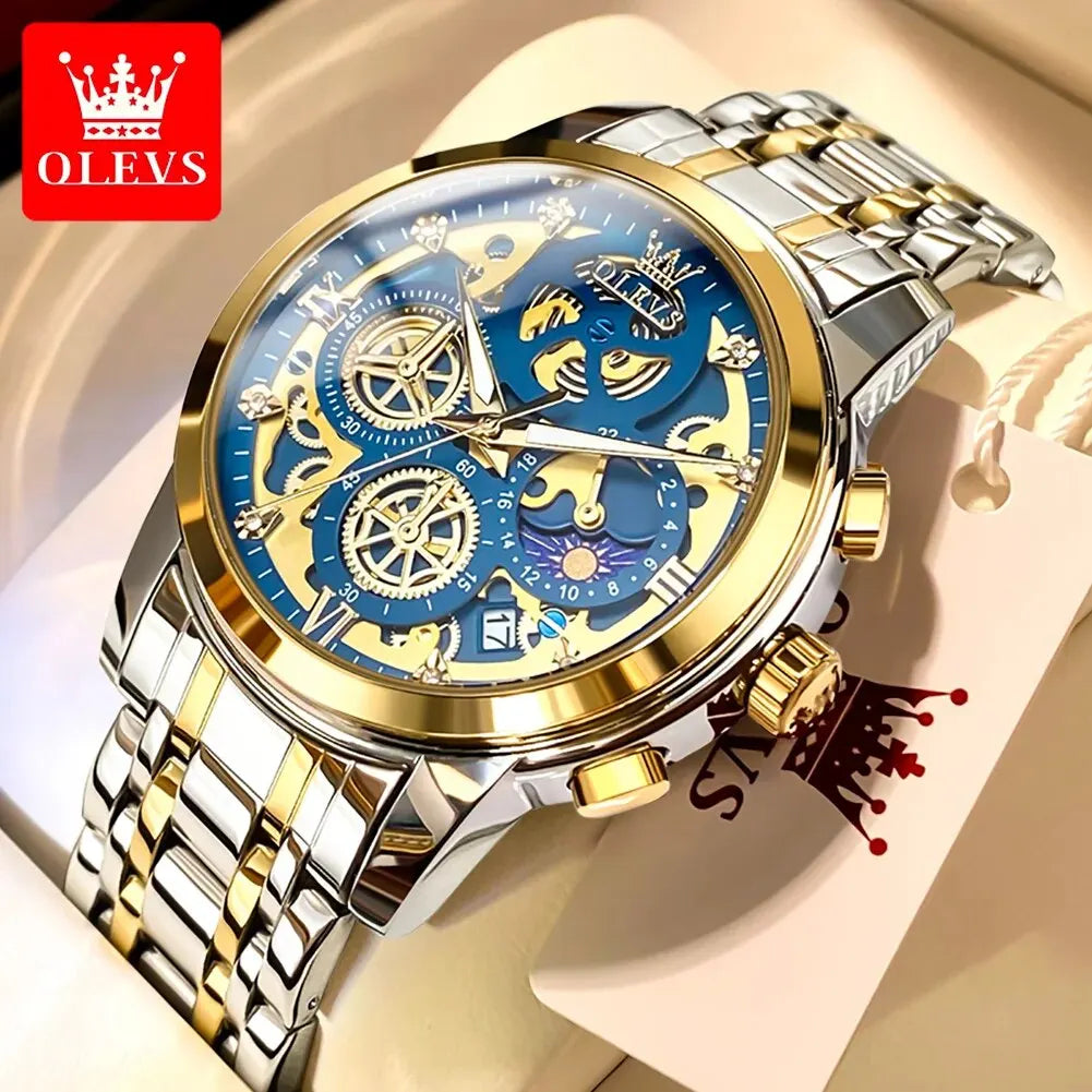 OLEVS 9947 Men's Watches Top Brand Luxury Original Waterproof Quartz Watch for Man Skeleton Style 24 Hour Day Night Wristwatch