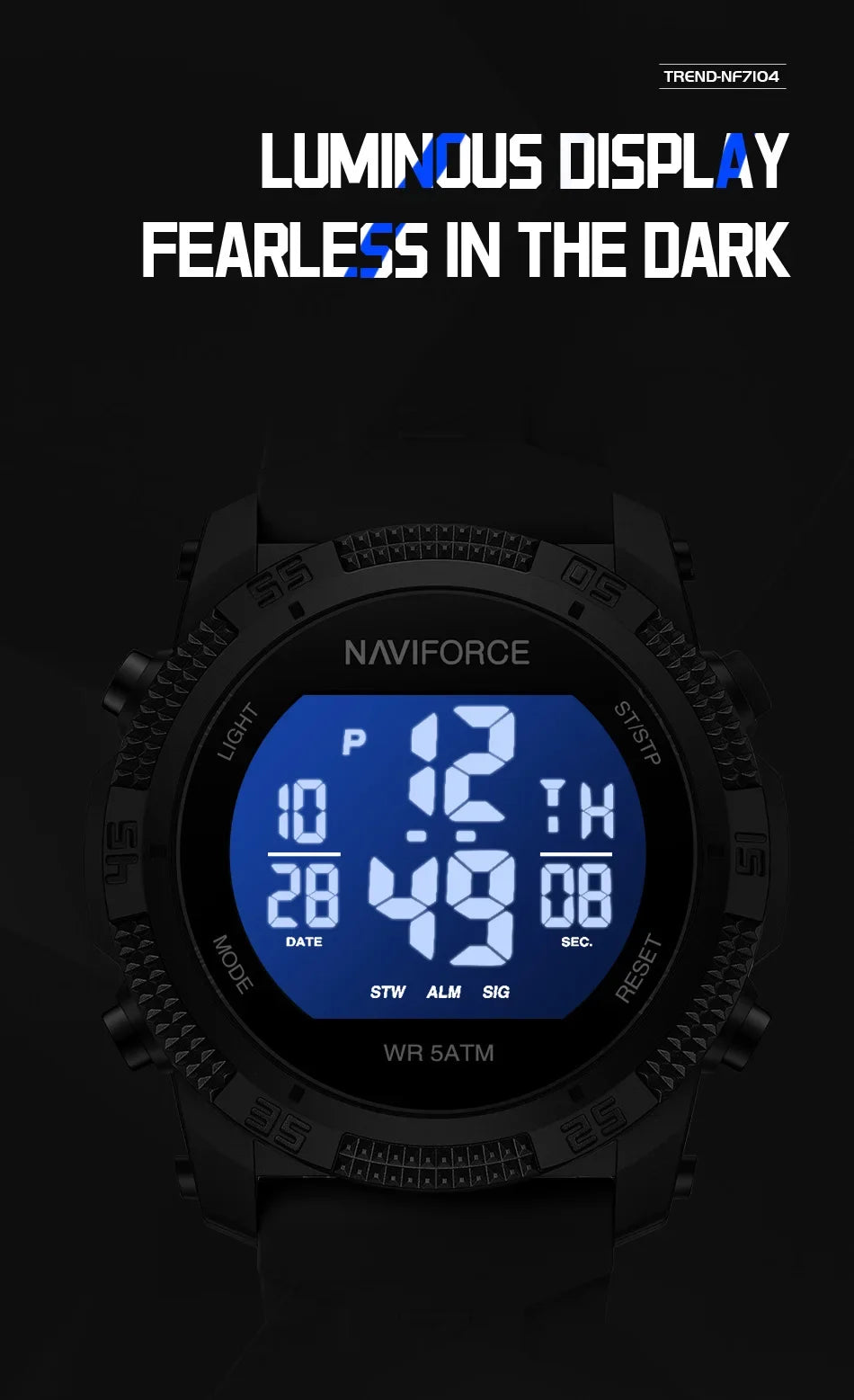NAVIFORCE NF7104  Men's LCD Digital Casual Date and Week Alarm Waterproof Silicone Strap Electronic Watch