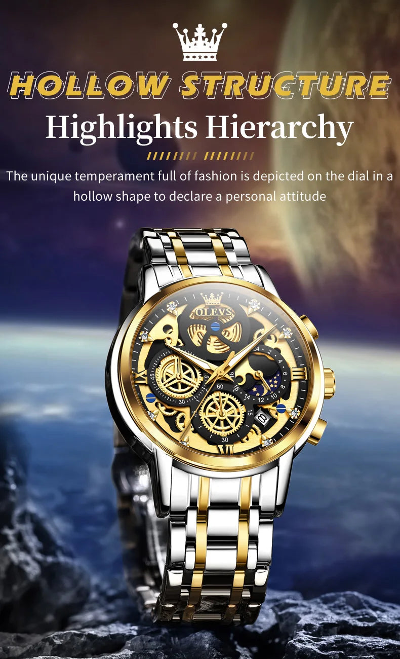 OLEVS 9947 Men's Watches Top Brand Luxury Original Waterproof Quartz Watch for Man Skeleton Style 24 Hour Day Night Wristwatch