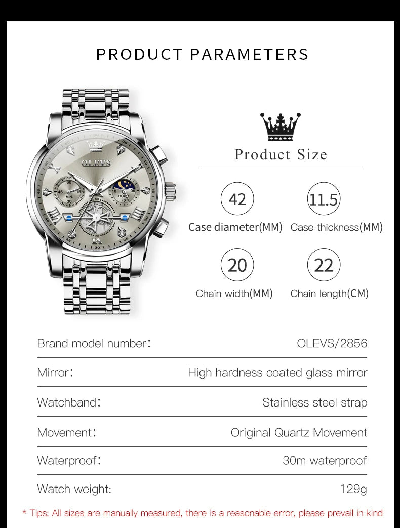 OLEVS 2856 Men's Watches Classic Multifunctional Fltwheel Chronograph Original Quartz Wristwatch Moon Phase 24 Hour Waterproof