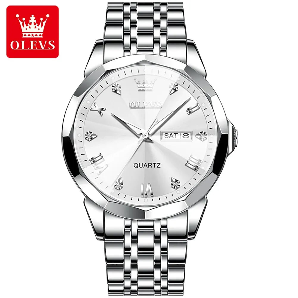 OLEVS Men's Watches Rhombus Mirror Original Quartz Watch for Man Waterproof Luminous Stainless Steel Wristwatch Male Date Week