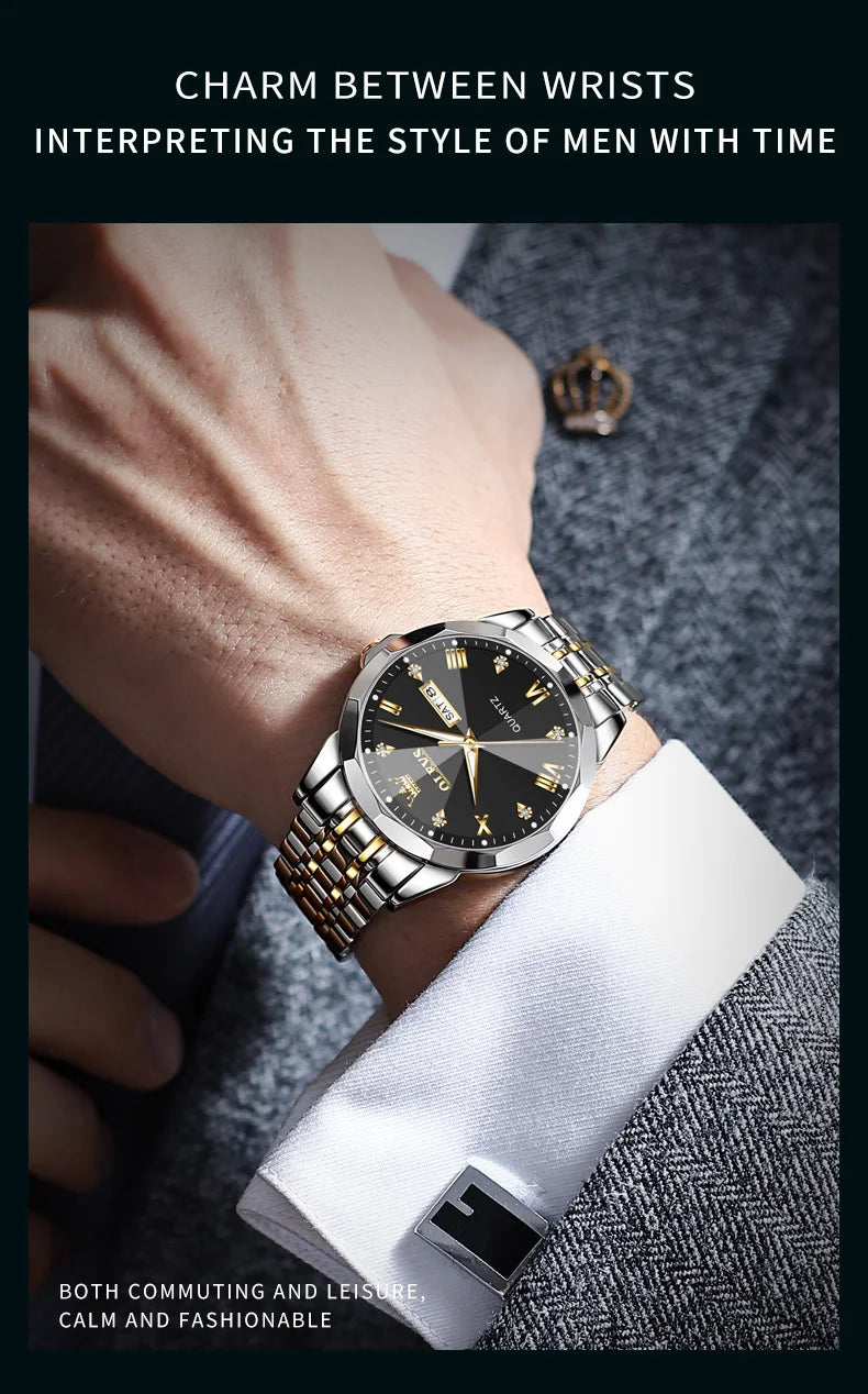 OLEVS Men's Watches Rhombus Mirror Original Quartz Watch for Man Waterproof Luminous Stainless Steel Wristwatch Male Date Week