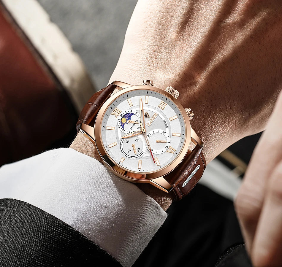 LIGE 2024 New Mens Watches Top Brand Luxury Brown Leather Casual Quartz Watch Men Sport Waterproof Clock Watch Relogio Masculino