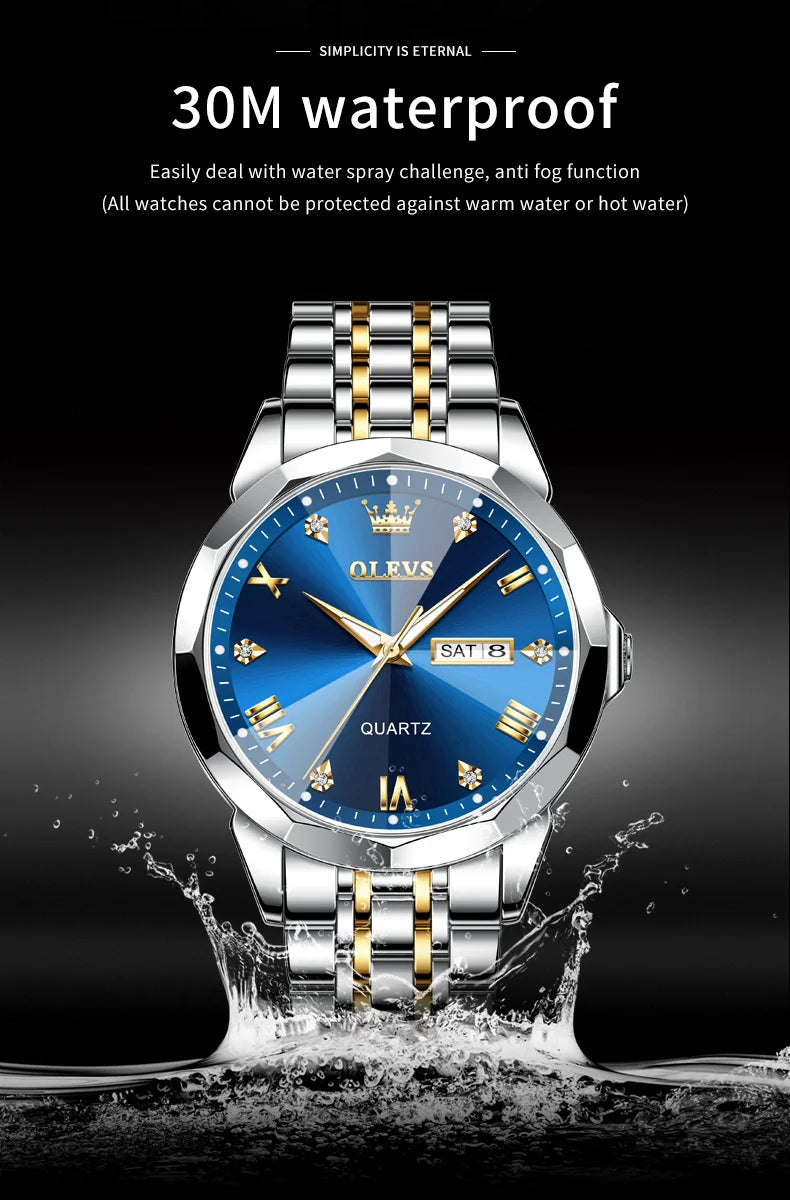OLEVS Men's Watches Rhombus Mirror Original Quartz Watch for Man Waterproof Luminous Stainless Steel Wristwatch Male Date Week