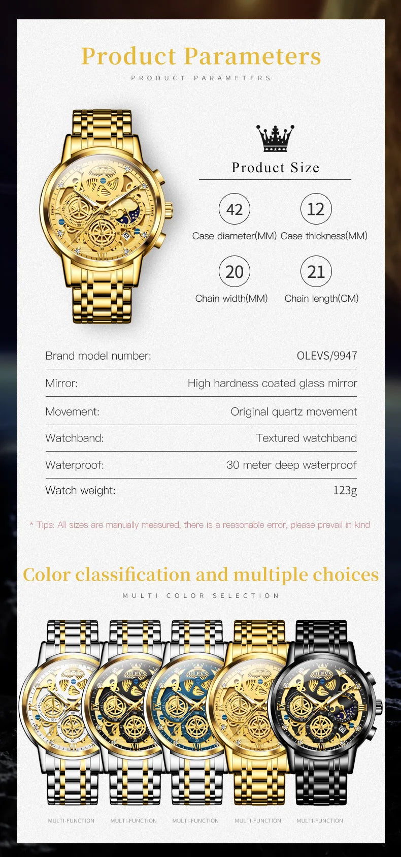 OLEVS 9947 Men's Watches Top Brand Luxury Original Waterproof Quartz Watch for Man Skeleton Style 24 Hour Day Night Wristwatch