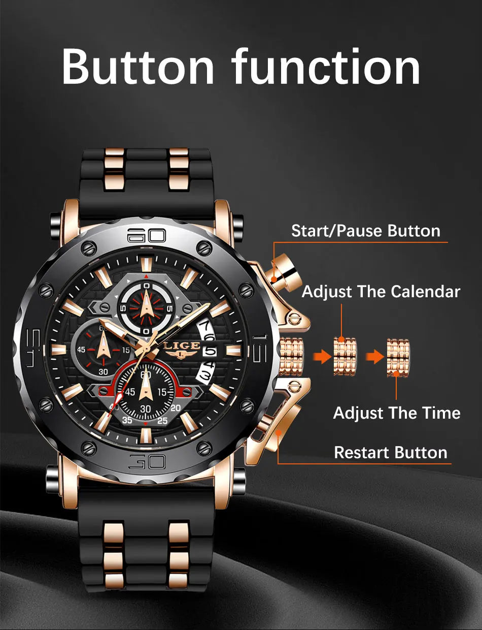 LIGE 2024 New Business Silicone Mens Watches Top Brand Luxury Quartz Watch For Men Waterproof Sport Big Dial Military Wristwatch