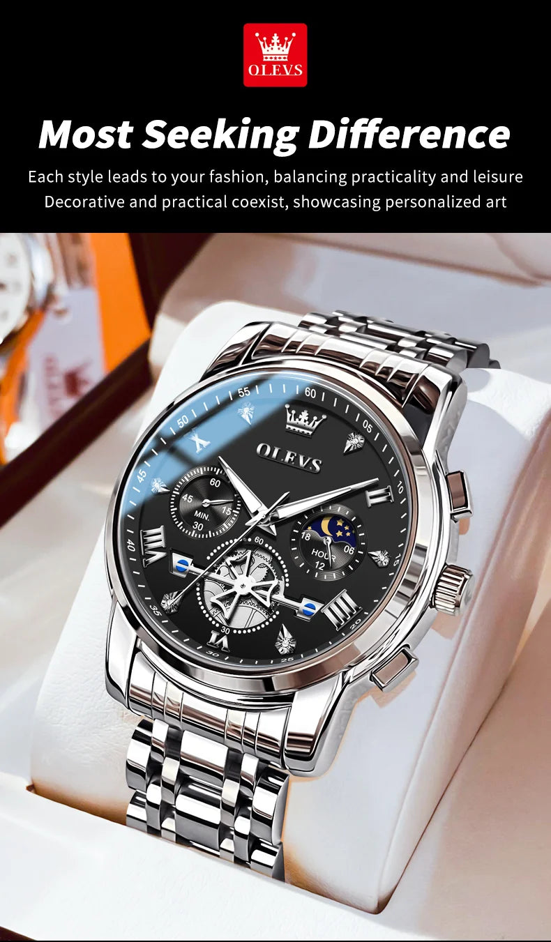 OLEVS 2856 Man Watch 24 Hour Moon Phase Chronograph Waterproof Luminous Multifuncation Original Luxury Quartz Wristwatch for Men